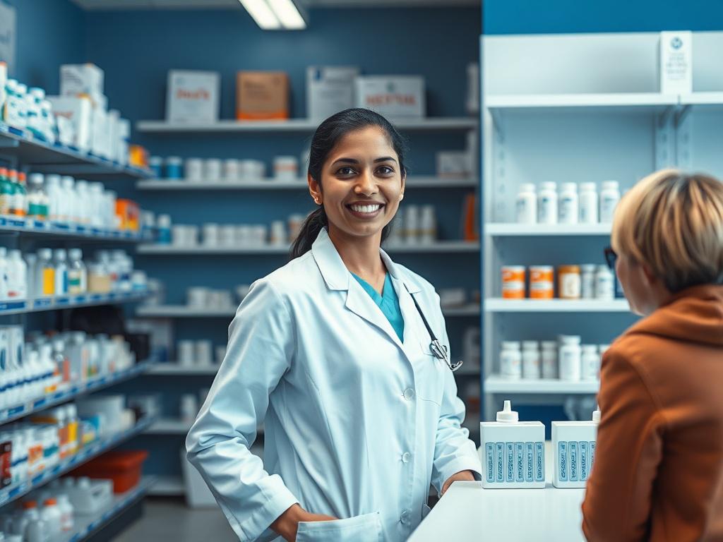 **AI Image Generation Prompt:**

Create a realistic high-resolution photo featuring a pharmacist in a modern community pharmacy setting. The composition should focus on the pharmacist as the sole subject, confidently engaging with a patient. The pharmacist, a mid-30s South Asian woman wearing a white lab coat, should be standing behind a pharmacy counter with a warm and welcoming expression, showcasing their role in point-of-care test and treat services.

In the background, display organized shelves stocked