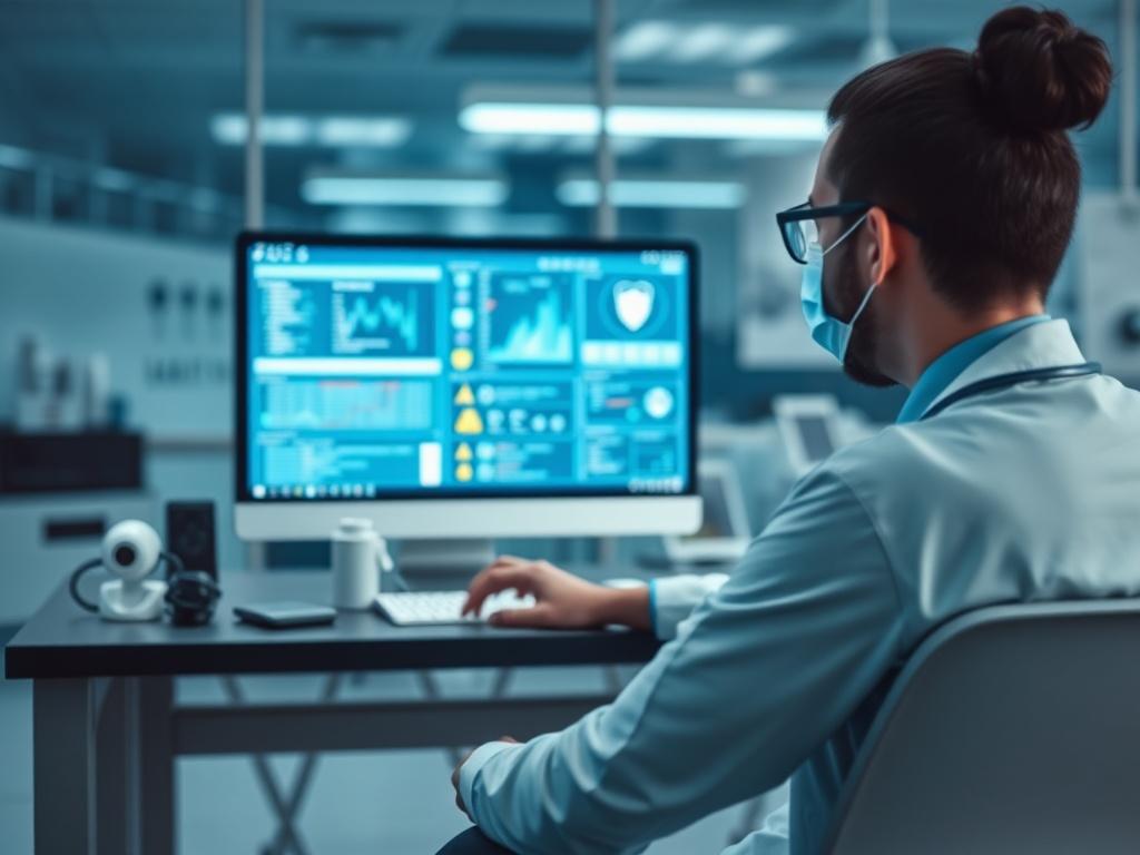 A high-resolution image of a healthcare professional sitting at a desk, focused on a computer screen displaying cybersecurity data. The setting should be modern and professional, featuring shades of rich blues and soft grays. In the background, there should be subtle hints of a healthcare environment, such as medical charts or equipment, but the main focus should be on the cybersecurity aspect, emphasizing the importance of data protection in healthcare.
