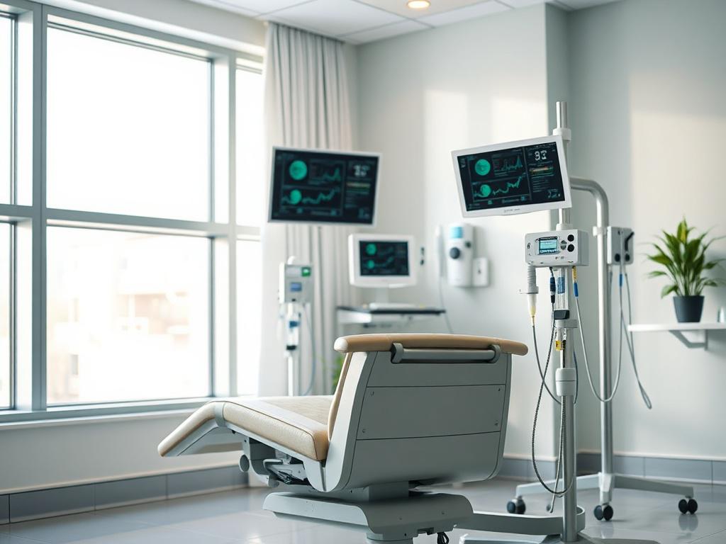 **AI Image Generation Prompt:**

Create a realistic high-resolution image that embodies the theme "Optimizing Infusion Suites in Federally Qualified Health Centers." The composition should be simple and clear, featuring a single subject: a state-of-the-art infusion suite within a healthcare facility. 

The subject should display a well-organized and inviting infusion space. Include a comfortable infusion chair with an adjustable recline, overlooking a large window that brings in natural light. The chair sho