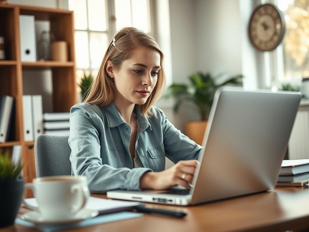 A focused close-up of a professional female grant writer working on a laptop in a cozy office setting. The background features a well-organized desk with grant writing materials and a coffee mug, bathed in natural light, emphasizing a productive atmosphere. The image should be high-resolution, shot with a 45mm f/1.2 lens style, with a backdrop that complements the rgb(3, 125, 201) primary color.