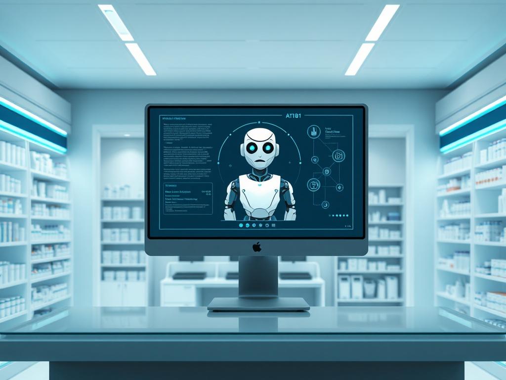 A modern pharmacy setting with a sleek, high-tech interface showcasing an AI bot on a computer screen. The background features soft gray tones and rich blue accents, creating a calm and professional atmosphere. The AI bot appears friendly and helpful, symbolizing automation in pharmacy operations. The composition is simple and clear, focusing on the interaction between the pharmacy staff and the AI technology.