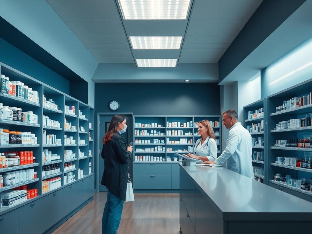 A realistic high-resolution photo of a modern onsite pharmacy within a healthcare facility. The pharmacy is well-organized with shelves filled with various medications, and a friendly pharmacist is assisting a patient at the counter. The environment features cool tones, primarily rich blues and soft grays, creating a calm and professional atmosphere. The design is modern and inviting, showcasing the integration of pharmacy services in a healthcare setting.