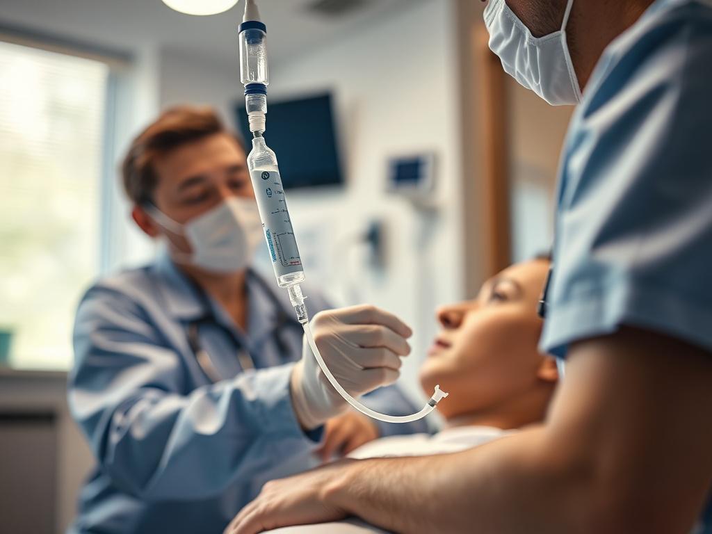 A hyper-realistic close-up shot of a healthcare professional administering an infusion treatment to a patient in a modern, well-lit infusion suite. The focus should be on the healthcare provider's hands and the infusion setup, showcasing the professional environment. The background should be softly blurred to emphasize the subject, with calming colors that reflect a serene healthcare atmosphere. The image should align with the primary color rgb(3, 125, 201).