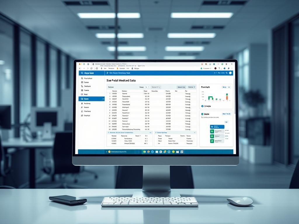 A high-resolution, realistic image depicting a professional setting with a computer screen displaying the Apexus PVP Tool interface. The background should feature a modern office environment with cool-toned colors, emphasizing shades of rich blues and soft grays. The focus should be on the screen and its clear display of Medicaid data, showcasing its functionality and importance for stakeholders.