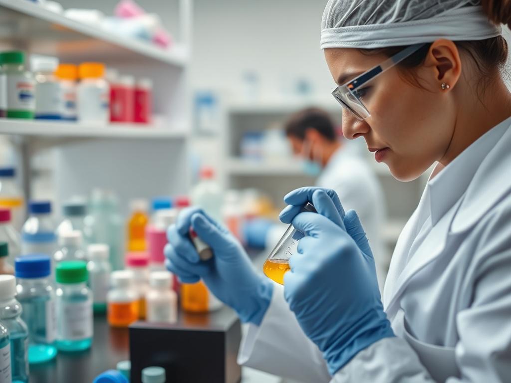 A high-resolution close-up shot of a pharmacist in a modern compounding lab, carefully measuring and mixing medications in a sterile environment. The pharmacist is focused on their task, with various colorful compounding supplies and equipment in the background, showcasing a vibrant yet professional atmosphere. The image should capture the essence of personalized medicine and the meticulous nature of drug compounding, with a color scheme that aligns with rgb(3, 125, 201).