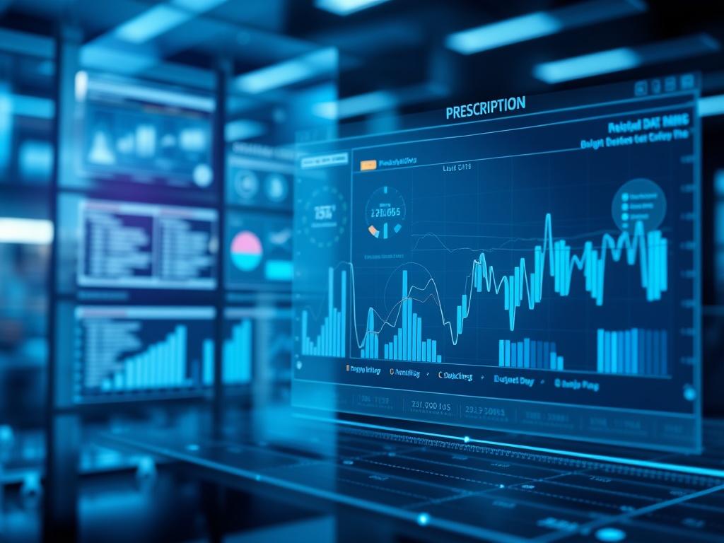 A high-resolution image showing a sleek, modern digital interface displaying prescription data analysis, with visual elements like graphs and data points representing advanced machine learning. The background should feature a cool-toned environment with shades of rich blues and soft grays, emphasizing a cutting-edge technology feel.