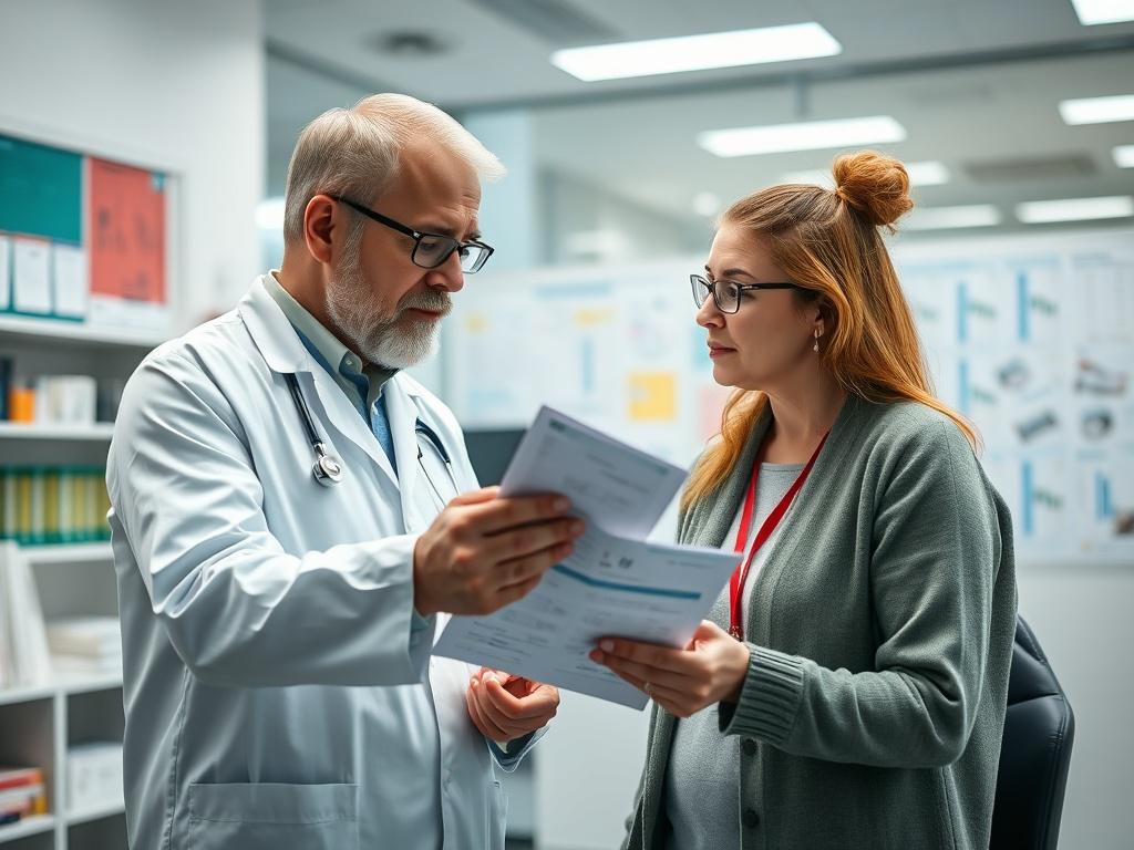 A close-up shot of a precision medicine pharmacist working with a patient in a modern, well-lit healthcare setting. The pharmacist is explaining genetic testing results to the patient, who appears engaged and curious. The background is softly blurred with colorful medical charts and resources, reflecting a vibrant and informative atmosphere. The image should be rendered in high-resolution, capturing the warm and professional interaction, shot with a 45mm f/1.2 lens style, compatible with the rgb(3, 125, 201