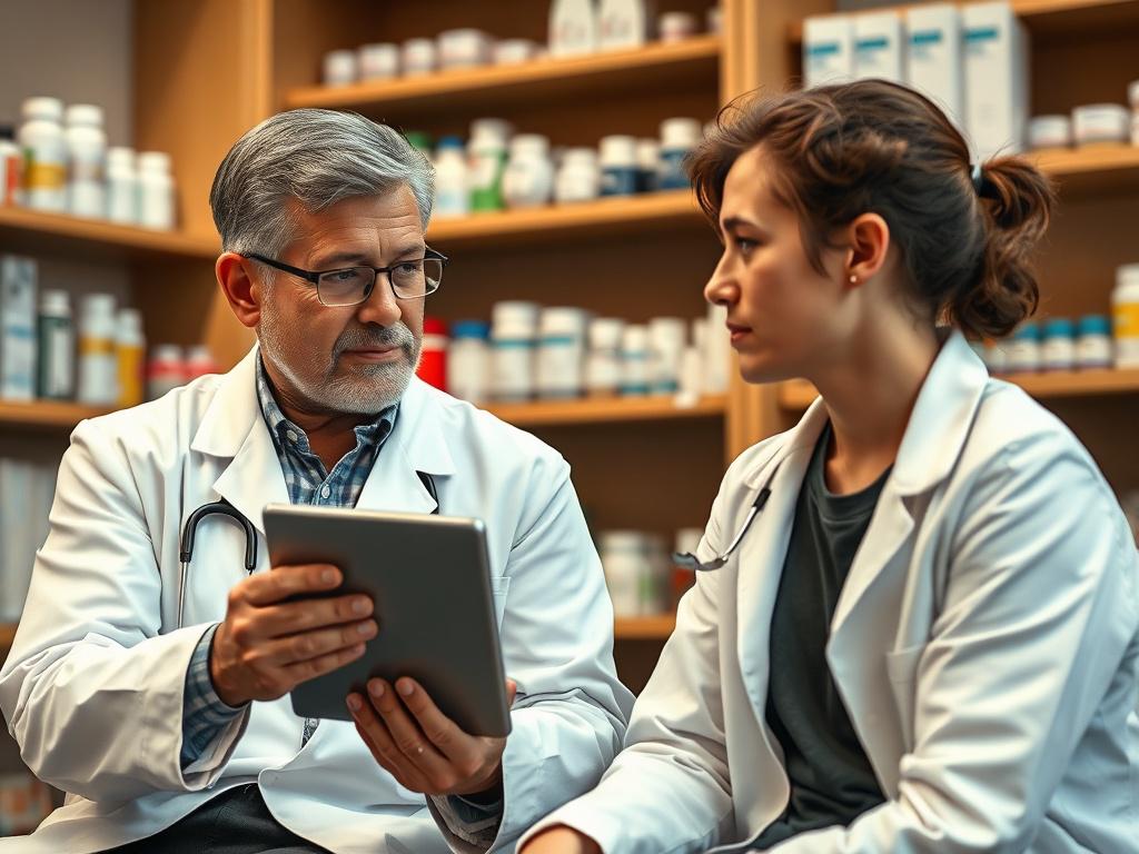 **AI Image Generation Prompt:**

Create a realistic high-resolution photo focusing on a Precision Medicine Pharmacist interacting with a patient in a clinical setting, showcasing the significant role of pharmacogenomics in patient care. The composition should be simple and clear, featuring only these two subjects – the pharmacist and patient – engaged in a meaningful conversation. 

The pharmacist, a middle-aged individual wearing a white lab coat, is depicted with an approachable and professional demeanor,
