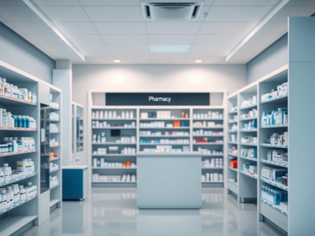 A realistic high-resolution photo of a modern pharmacy setup inside a healthcare facility. The composition should feature a clean, organized pharmacy space with shelves stocked with medications and healthcare products. The background should be softly blurred to emphasize the pharmacy area while showcasing a welcoming environment. The colors should reflect a cool-toned palette with shades of rich blues and soft grays, aligning with the RGB color (3, 125, 201).