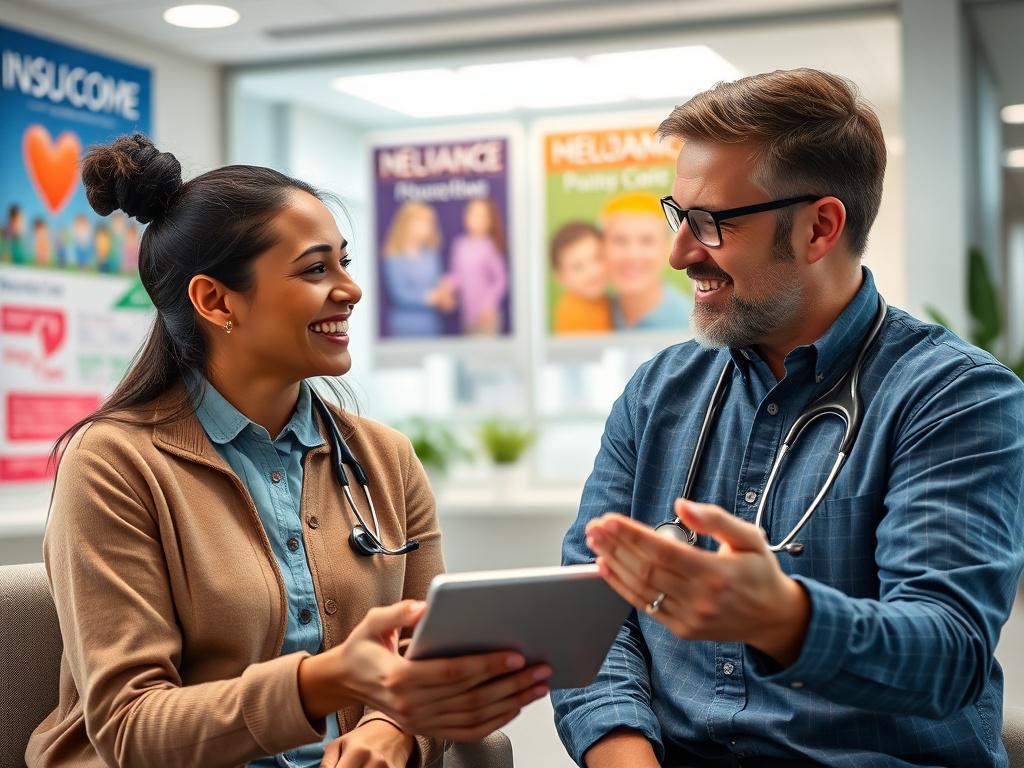 A close-up shot of a healthcare professional discussing insurance options with a patient in a bright, modern office setting. The healthcare professional is smiling and providing information on a tablet, while the patient looks engaged and relieved. The background features colorful healthcare posters and a welcoming atmosphere. The image should be rendered in hyper-realistic detail, compatible with the rgb(3, 125, 201) primary color.
