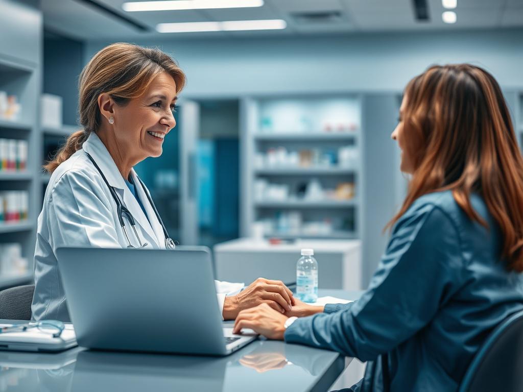 A modern clinical setting featuring a pharmacist consulting with a patient. The pharmacist, a middle-aged Caucasian woman, is sitting at a desk with a laptop and medical supplies, engaging in a friendly conversation. The background is a sleek, cool-toned environment with shades of rich blues and soft grays, creating a professional yet inviting atmosphere. The focus is on the pharmacist's attentive expression and the patient's interest, highlighting the collaborative nature of healthcare.