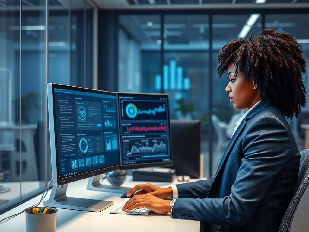 A high-resolution image depicting a modern healthcare IT professional working on a cybersecurity system. The background should feature a sleek, high-tech office environment with cool-toned colors like rich blues and soft grays. The professional, a diverse individual in business attire, should be focused on a computer screen displaying cybersecurity data and analytics. Soft lighting should enhance the modern atmosphere, creating a sense of trust and professionalism.