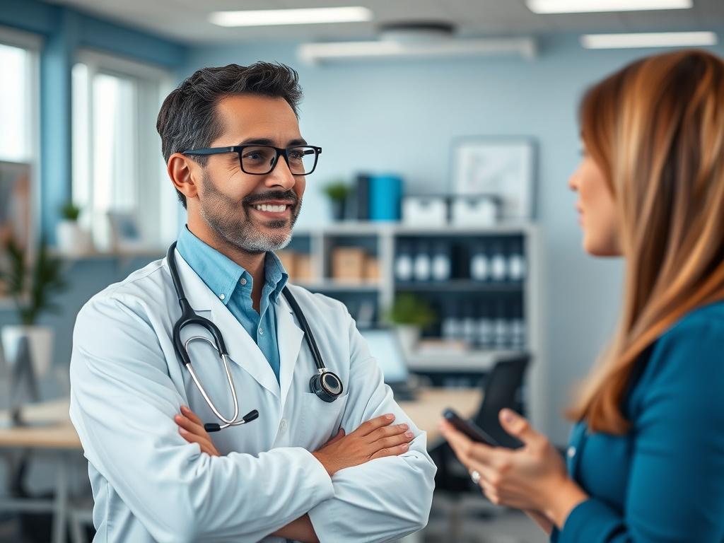 A realistic high-resolution photo of a healthcare professional, confidently discussing the 340B Rebate Model Program in a modern office setting. The background should feature a clean, organized workspace with cool-toned decor in shades of rich blues and soft grays. The healthcare professional should be engaged in a conversation, with a focus on their expression conveying knowledge and professionalism. The overall atmosphere should exude a sense of collaboration and innovation, compatible with the primary co