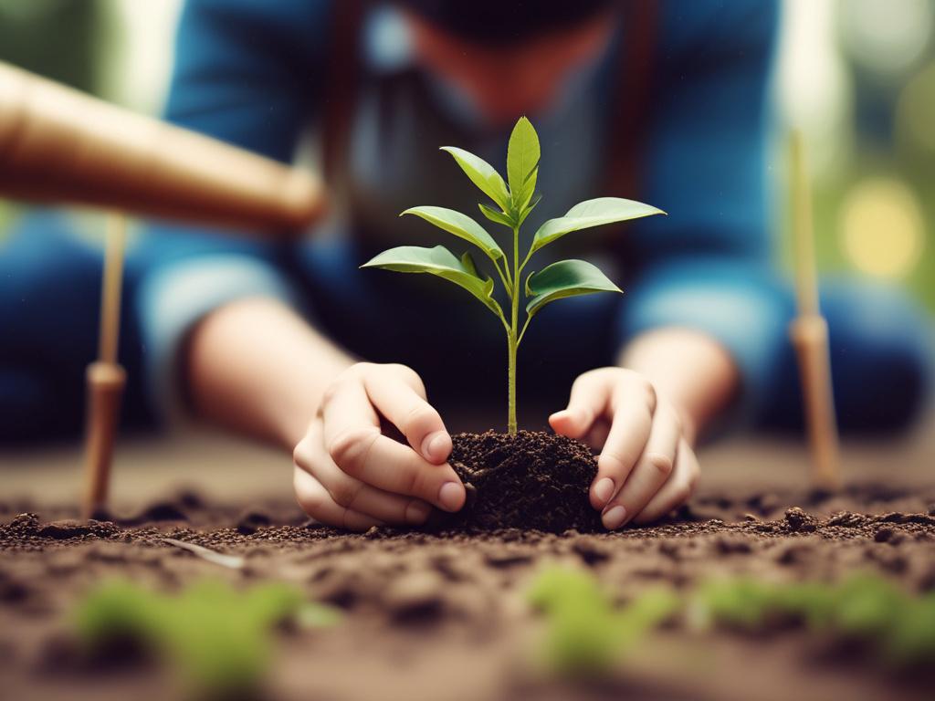 A hyper-realistic close-up photo of a young tree seedling being planted by a high school student outdoors, shot with a 45mm f/1.2 lens style. The seedling is vibrant green matching rgb(50, 170, 39), with rich soil and a blurred natural background of a sunny day with blue sky and light green foliage.