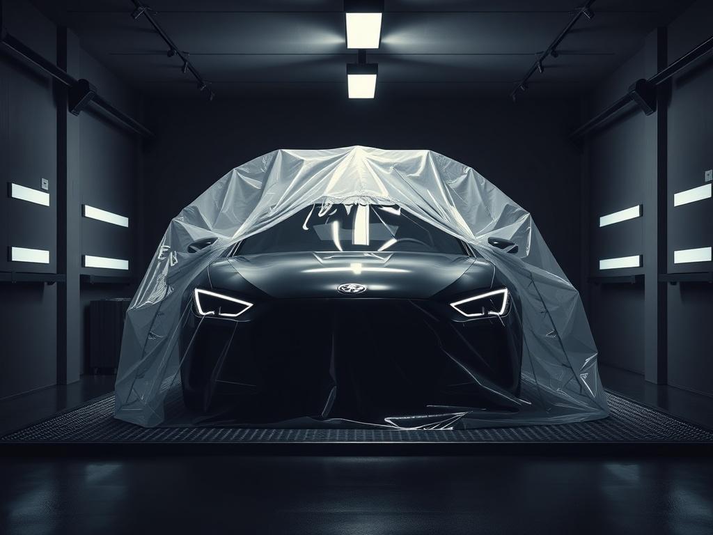 A luxurious indoor car storage facility showcasing a high-end vehicle covered with a protective car bubble. The setting features dramatic lighting and rich contrasts, emphasizing the elegance and security of the space. The background should be slightly blurred to keep the focus on the car bubble, with shadows creating an intense atmosphere.