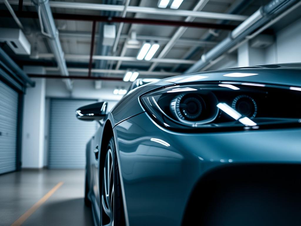 A close up shot of a luxury car parked inside