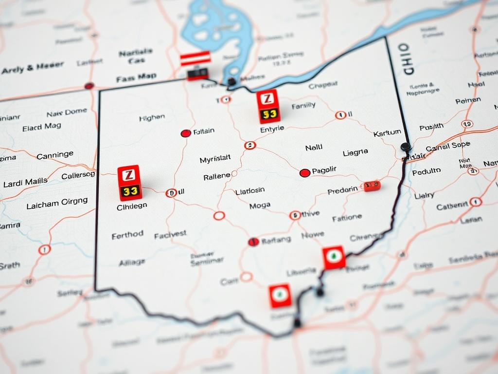 A close up shot of a map of Ohio with