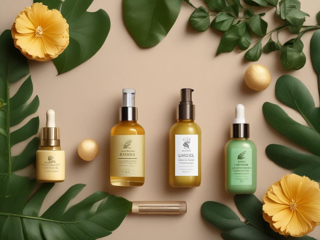 A serene beauty setup featuring natural skincare products, soft golden