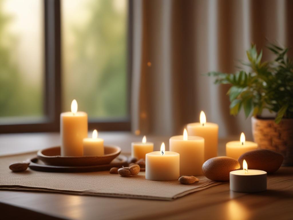 realistic high resolution of a peaceful wellness setting, featuring candles