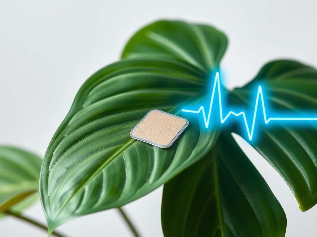 NeuroBloom patch on a plant leaf with waveform visualization