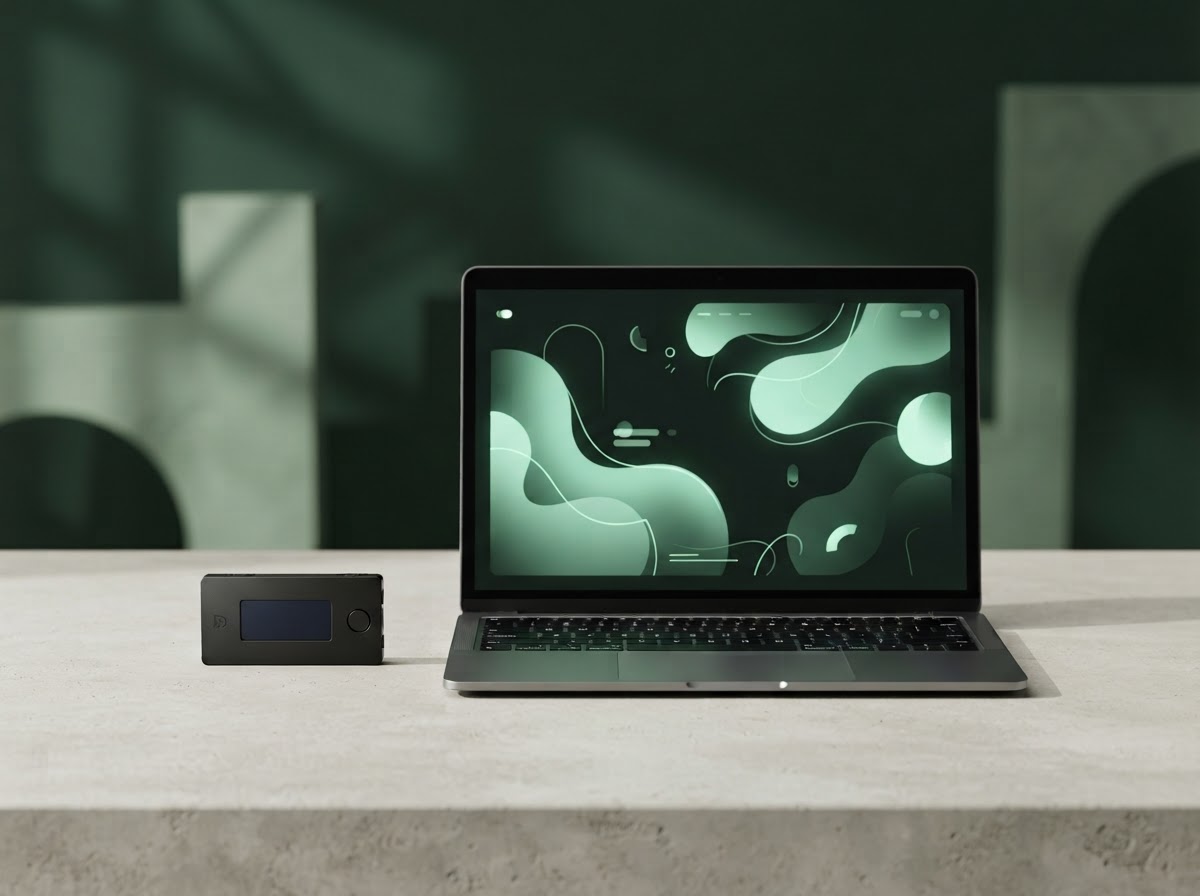 Hardware wallet and laptop showing a green portfolio interface