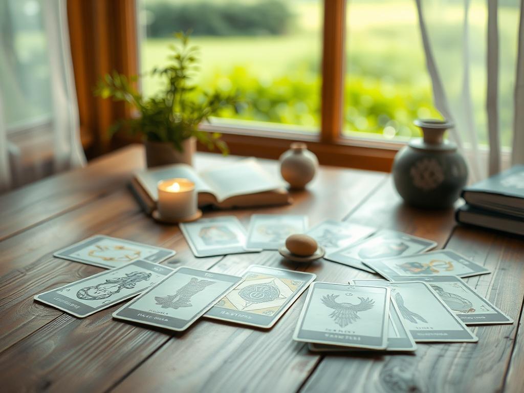 A serene and inviting tarot reading setup, featuring a beautifully