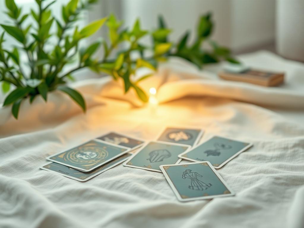 A serene tarot reading setup with a single deck of