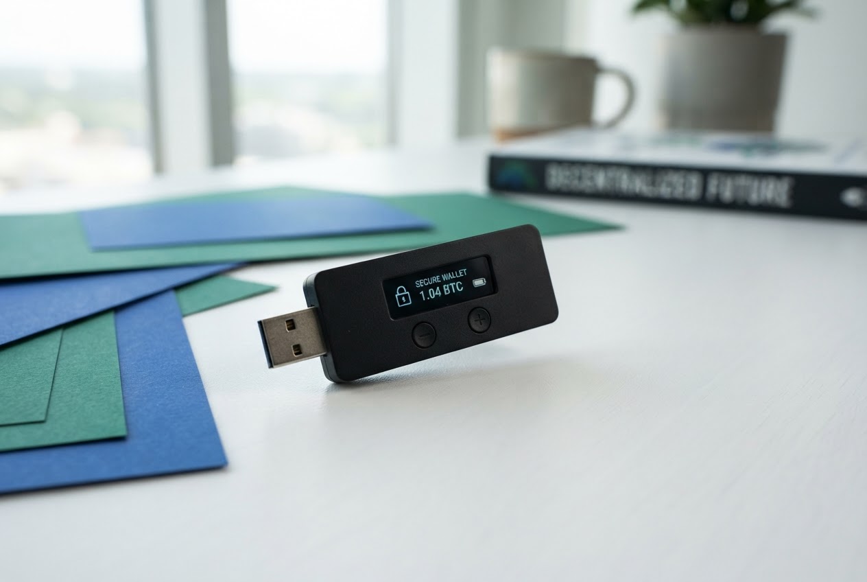 Black hardware wallet device with screen and buttons beside cobalt and emerald geometric accents