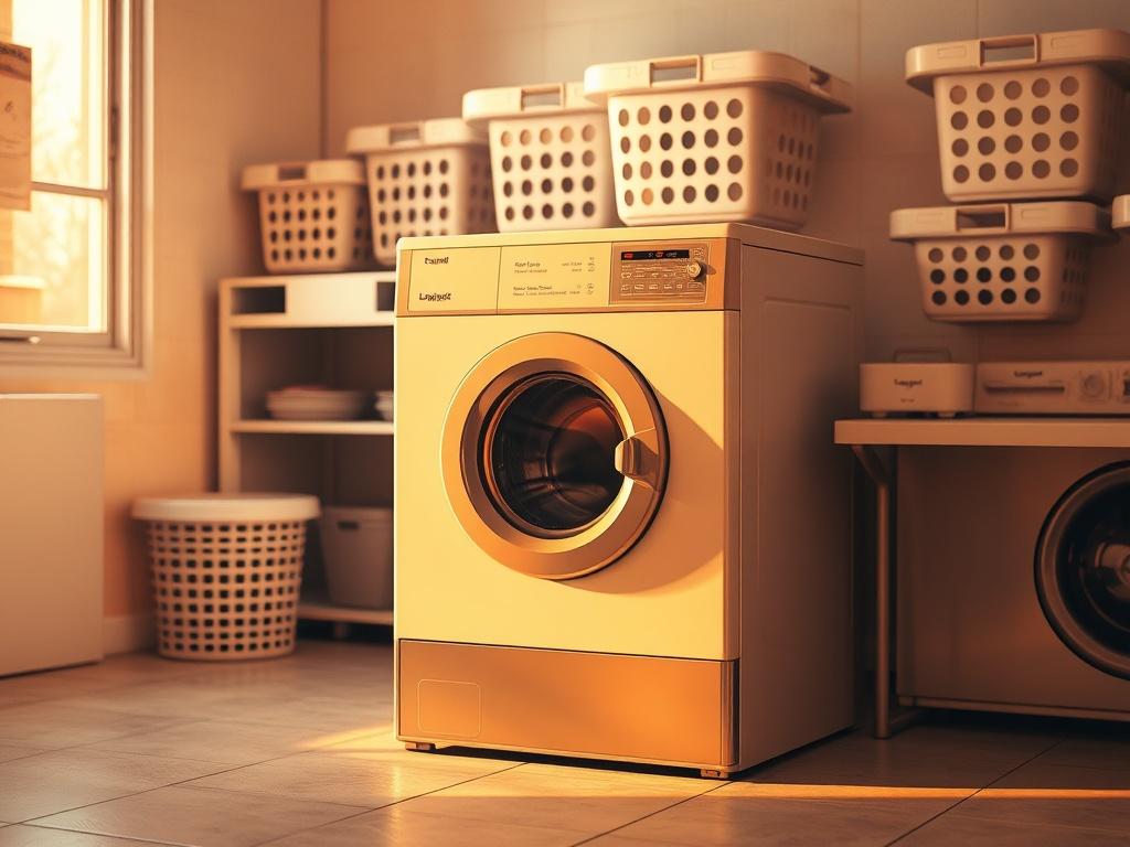 A cozy laundromat setting with a small, modern washing machine