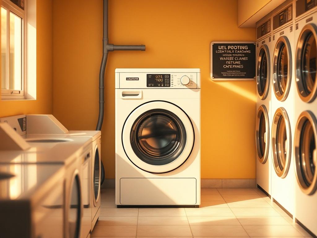 A cozy laundromat scene showcasing modern small washing machines in