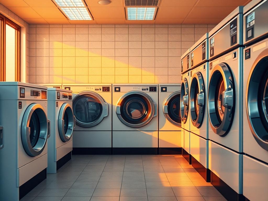 A serene image of a modern laundromat featuring large washing