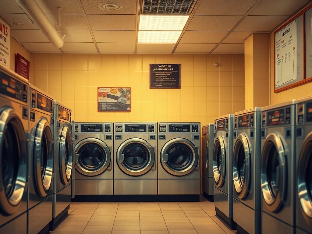 A cozy laundromat scene displaying large washing machines designed for
