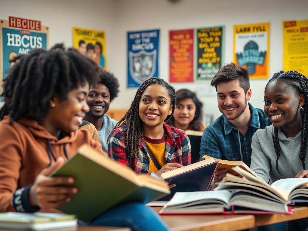 A close-up shot of a diverse group of middle and high school students engaged in a lively discussion, surrounded by open books and educational materials. The setting is a bright classroom filled with warm lighting, showcasing inspiring posters about HBCUs on the walls. The students display enthusiasm and curiosity, representing a blend of cultures and backgrounds, with one student confidently sharing their thoughts. The image captures the essence of identity, community, and empowerment in education.