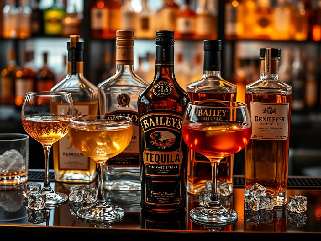 Colección elegante de licores premium - Whiskey, Tequila, Baileys, Red Label en copas sofisticadas