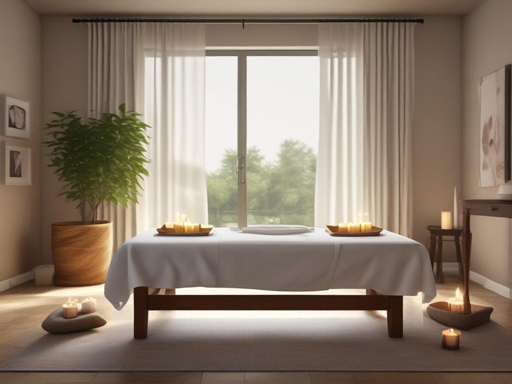 A serene spa setting featuring a massage table with soft