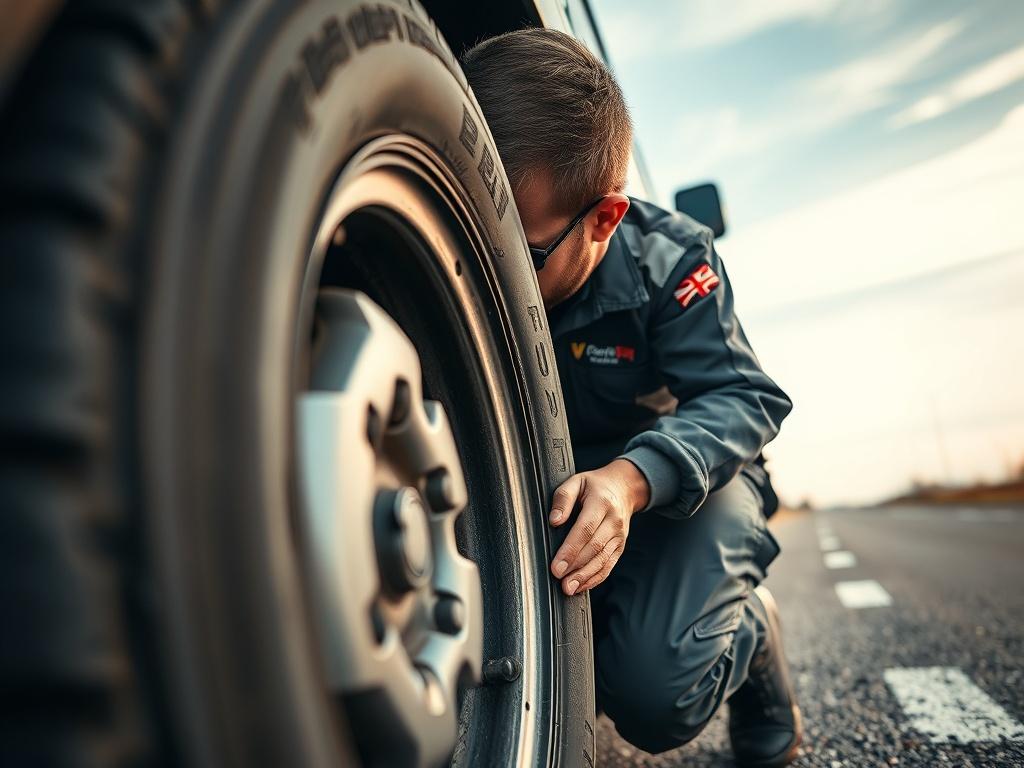 A close-up shot of a skilled technician repairing a flat tire on a vehicle in an outdoor setting. The background shows a clear sky and a road, emphasizing the mobile service aspect. The technician is focused on the tire, showcasing professionalism and expertise. The image should reflect a sense of urgency and reliability, with the technician wearing a company uniform. The lighting should be natural, highlighting the details of the tire and tools used.