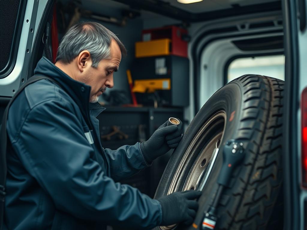 A mechanic loading tools into a service vehicle, focused on the preparation for a tire repair, shot with a 45mm f/1.2 lens.