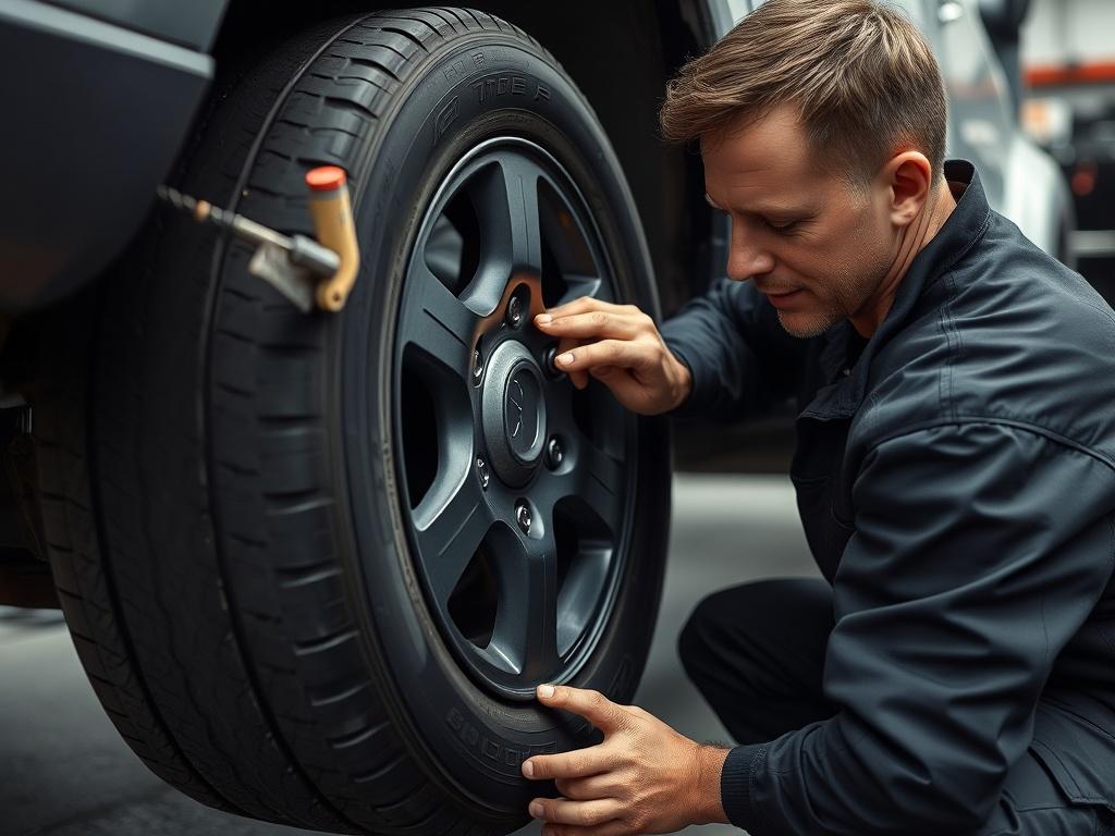 A mechanic replacing a tire on a vehicle, demonstrating precision and care, shot with a 45mm f/1.2 lens.