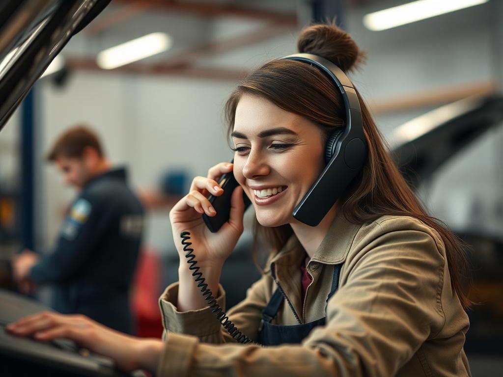 A close-up shot of a customer on the phone, looking relieved, with a mechanic preparing to help in the background, captured with a 45mm f/1.2 lens.