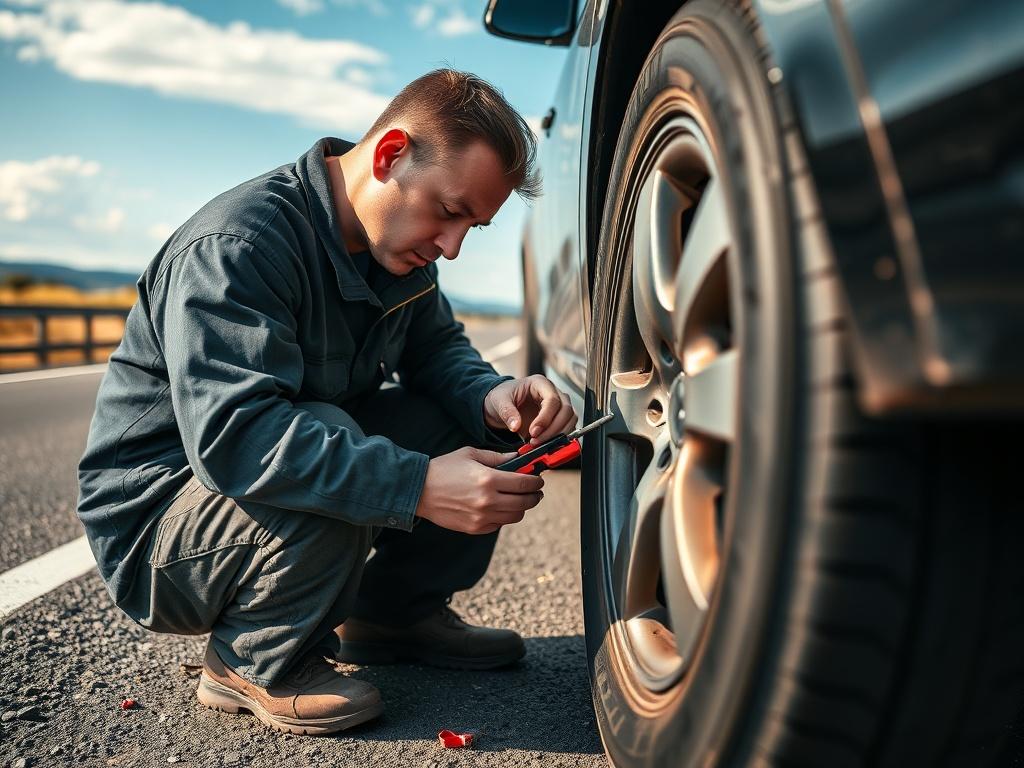 A hyper-realistic close-up shot of a mechanic changing a tire on the side of the road. The mechanic is focused on the task, showing detailed hands-on work with tools. The background features a blurred landscape of a highway, emphasizing the roadside setting. The image captures the essence of tire repair, with a bright blue sky and the colors of the mechanic's uniform contrasting against the road. The overall tone is professional and dedicated, showcasing the urgency and reliability of the service.