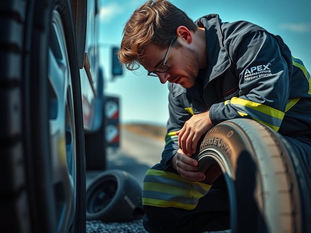 A close-up shot of a technician repairing a tire on the roadside, showcasing a well-lit scene with the technician focused on the task. The background includes a blurred view of a vehicle and a clear blue sky, emphasizing a sense of urgency and professionalism. The technician wears a uniform with the Apex Roadside Solutions logo, and the tire being repaired is prominently displayed.