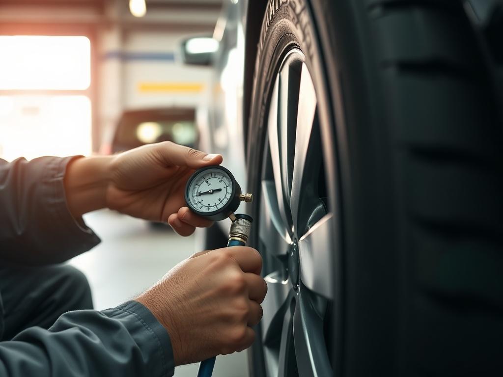 A realistic close-up shot of a technician using a pressure gauge on a tire, with a focus on the gauge and tire. The background shows a vehicle parked in a safe area, with bright light emphasizing the technician's careful work. The image conveys a sense of professionalism and the importance of tire maintenance.