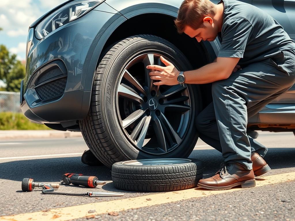 A high-resolution image showing a technician replacing a tire on a car parked on the side of the road. The scene is dynamic, with the technician actively working, surrounded by tools and a new tire. The background captures a sunny day with vibrant colors, highlighting the professionalism and efficiency of the service.