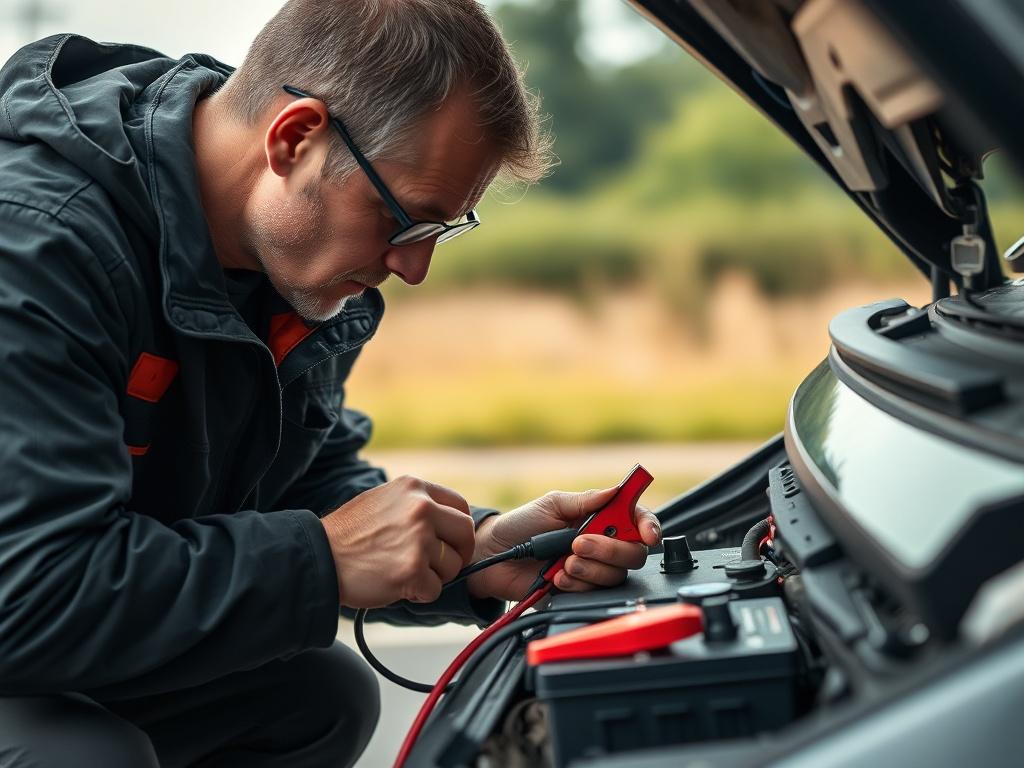 A close-up shot showcasing a professional roadside assistance technician performing a jump start on a car. The technician is focused and methodical, connecting jumper cables to a vehicle's battery. The background is blurred, emphasizing the technician and the car, with a hint of roadside scenery such as grass and trees. The image should reflect a sense of reliability and expertise.