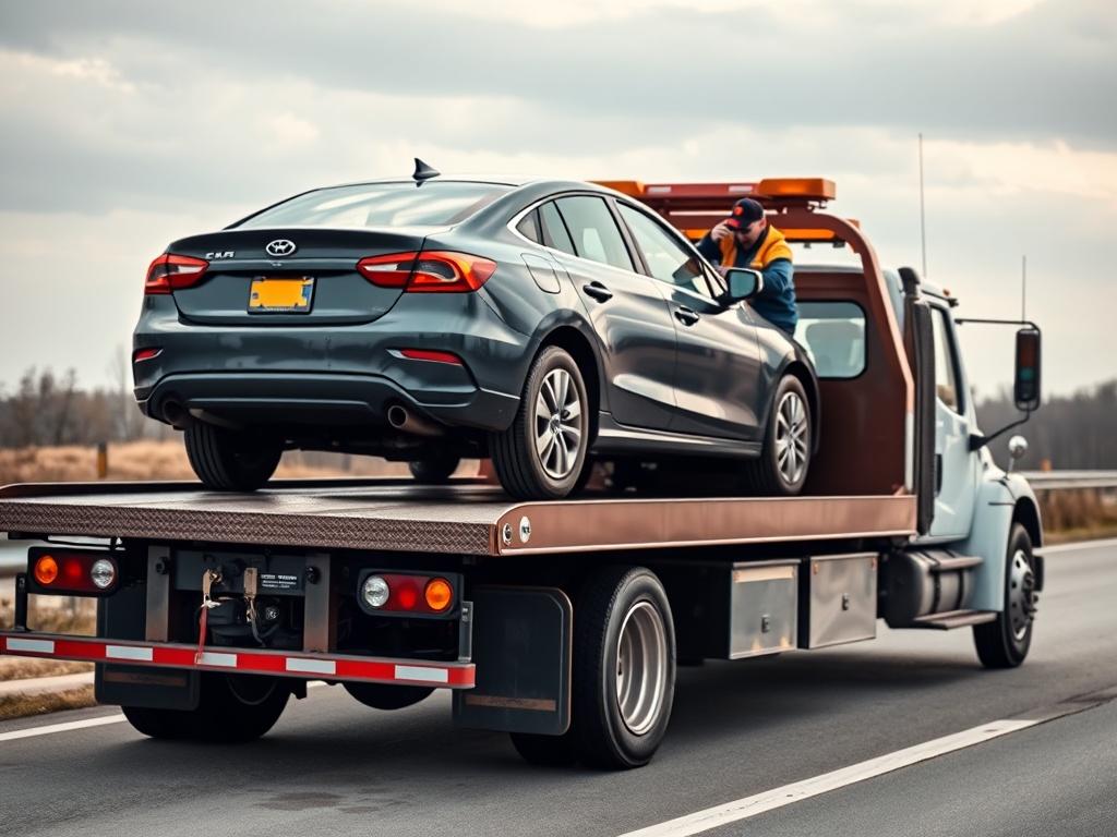 A realistic high-resolution photo of a professional tow truck operator securing a small car on a flatbed tow truck. The scene should show the tow truck in action, with the operator focused on safely loading the vehicle. The background should be a roadside setting, emphasizing reliability and professionalism.