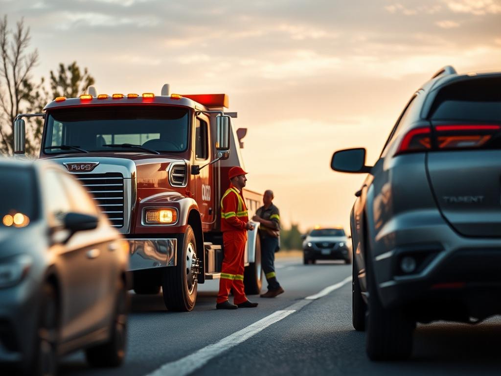 A realistic high-resolution photo of a tow truck arriving at a roadside breakdown scene during the day. The image should capture the tow truck and the roadside assistance team in action, providing aid to a driver, emphasizing quick response and customer care.