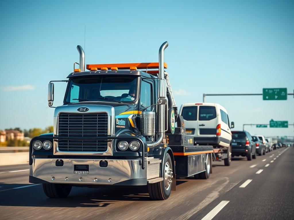 A high-resolution, hyper-realistic image of a medium duty tow truck towing a van on a busy highway. The focus is on the tow truck and the safely secured vehicle, with a clear blue sky in the background, showcasing reliability and professionalism.