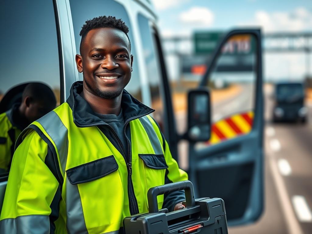 A close-up shot of a black roadside assistance worker wearing a bright yellow safety vest, standing next to a roadside assistance vehicle. The worker is smiling and holding a toolbox, exuding confidence and professionalism. The background features a blurred out view of a highway with clear skies, conveying a sense of readiness and reliability. The image is shot with a 45mm f/1.2 lens style, focusing on the worker's expression and tool, capturing the essence of roadside assistance.
