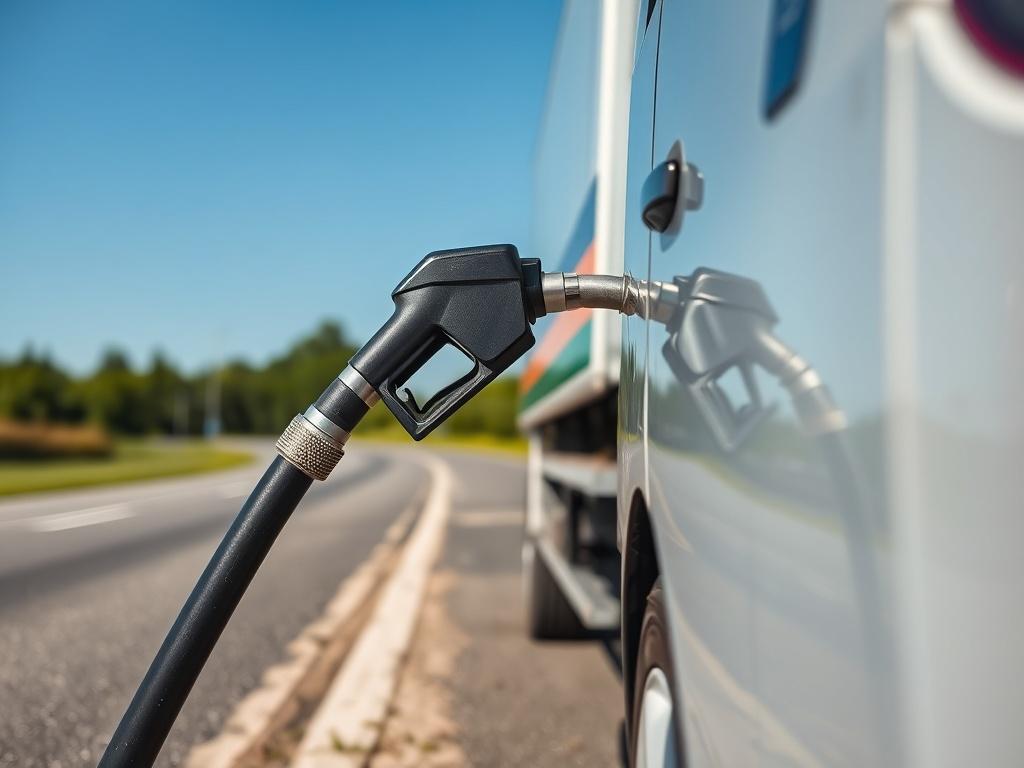 A close-up shot of a fuel delivery vehicle parked on the side of a road, with a fuel hose being extended towards a car that has run out of fuel. The setting should depict a sunny day with clear blue skies, highlighting the urgency and professionalism of the service. The background should show a smooth road and greenery, creating a calm yet efficient atmosphere.