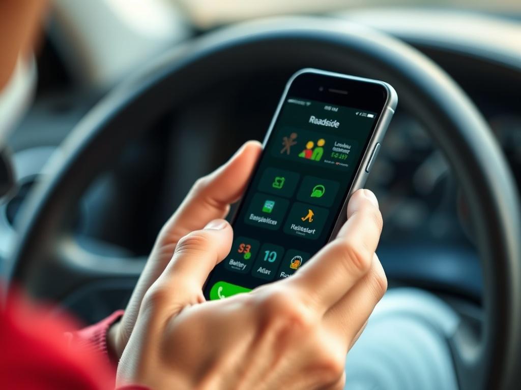 A close-up shot of a person holding a smartphone, looking focused and attentive. The background is softly blurred to emphasize the person and the phone. The phone screen displays a roadside assistance app interface, with clear icons for services like lockout assistance and battery jump-start. The person's hand is positioned in a way that shows the phone is being used, and the lighting is bright and inviting, enhancing the green primary color theme.